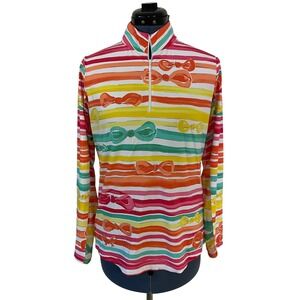 IBKUL Women Kate Sun Shirt Mock Neck 1/4 Zip Bow Stripe UPF 50 Vented Sleeves M